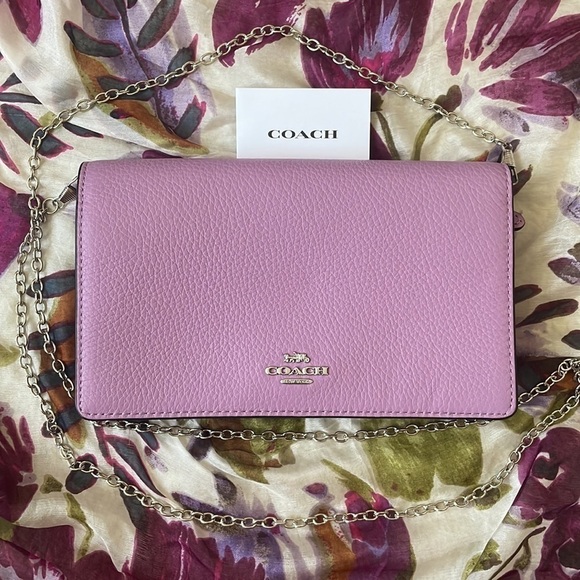 Brand New Coach Genuine Leather Foldover Clutch Crossbody Chain Purse Purple - Picture 1 of 16